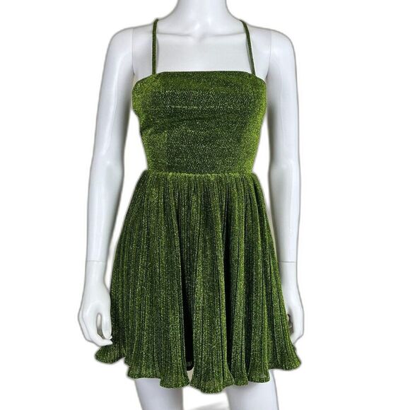 Lulus Dresses & Skirts - Lulus Women's Size XS Party Era Lime Green Sparkly Lace Up Pleated Skater Dress
